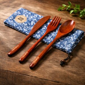 Eco-Friendly Acacia Wood Cutlery Set with Cotton Pouch