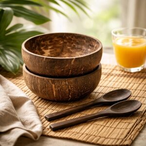 Handcrafted Coconut Shell Bowl Set with Wooden Spoons – Natural & Eco-Friendly