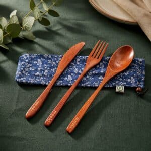 Cherry Wood Cutlery Set with Handmade Blue Cotton Pouch