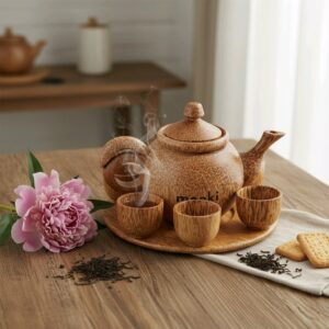 Japanese Style Coconut Wood Teacup & Teapot Set - Handcrafted Wooden Tea Set