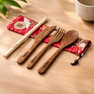 Reusable Coconut Wood Cutlery Set with Bamboo Straw & Pouch