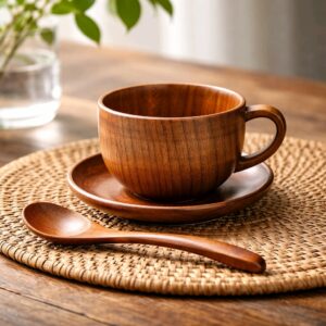 Handcrafted Jujube Wood Cup, Plate & Spoon Set – Natural Wooden Tableware