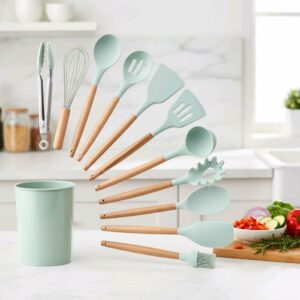 12-Piece Silicone Cooking Utensils Set with Beech Wood Handles – Heat-Resistant Kitchen Tools