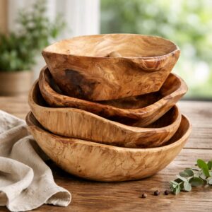 Hand-Carved Acacia Root Wooden Bowl & Plate - Natural Rustic Design