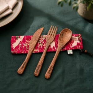 Reusable Coconut Wood Cutlery Set with Handmade Red Cotton Pouch