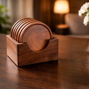 Handcrafted Walnut Wood Coaster Set with Holder – 6 Pieces