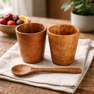 Handcrafted Acacia Wood Cup Set with Spoon (2 Cups + 1 Spoon)