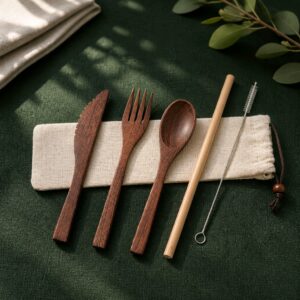 Wenge Wood Travel Cutlery Set with Bamboo Straw & Cotton Fabric Pouch