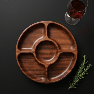 Handcrafted Acacia Wood Divided Serving Platter with Dip Bowl